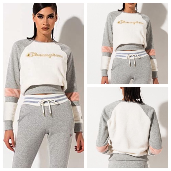 Champion Sweaters - Champion Faux Fur Gold Logo Crew Neck Sweatshirt